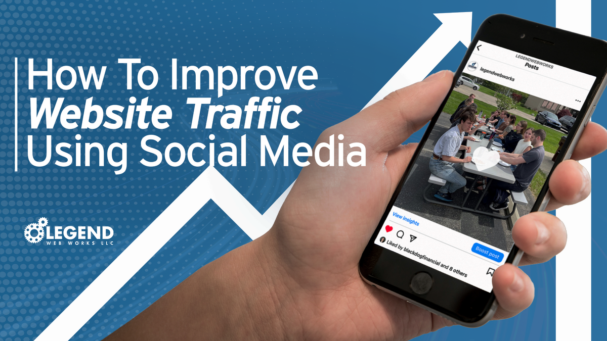 A hand holding a smartphone next to the words: "How to Improve Website Traffic Using Social Media"